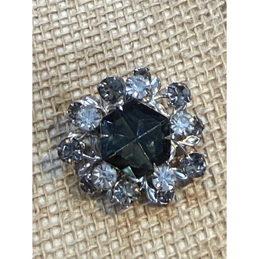 Vintage Silver Tone Dark Green Rhinestone Flower Brooch Pin Filigree Back 1.5"